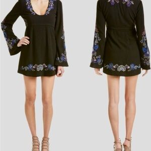 Free People Holiday Folk Black Floral Embroidered Bell Sleeve Mini Dress